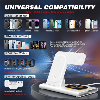 ZHAM 4in1 Foldable Wireless Charger, Total 23W Fast Wireless Charging Station Compatible with iWatch 8/7/SE/6/5/4/3/2,Air Pods 3/2/Pro,iPhone 14 13 12 11 Series/Samsung Galaxy S Note (White)