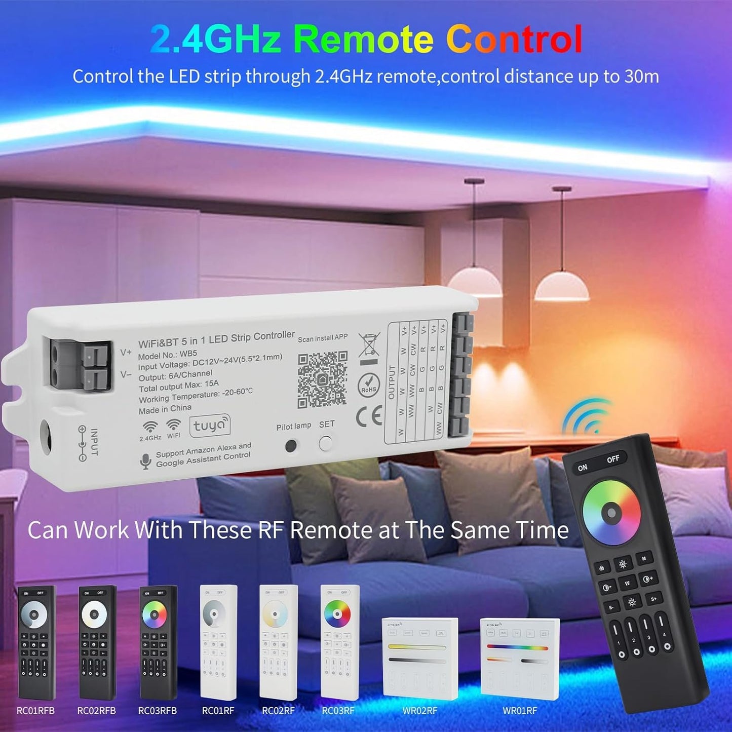 MALIIGAZA 2.4G Wireless RF Remote for WB5 Controller, Suitable for RGB RGBW RGBCCT LED Strip Lights, 4 Zone Group Control, Brightness Dimming, Color Changing, RC03RFB Touch Control