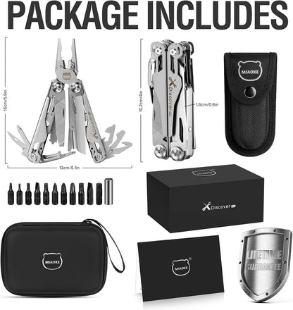 MIAOKE Multitool 23 in 1 with Premium Gift Box, Screwdrivers Saw Screwdrivers Bottle Opener Pliers Camping Knife Cool Gadgets for Men, Best Gift for Boyfriend Son Dad Him Husband, (Silver-Discover)