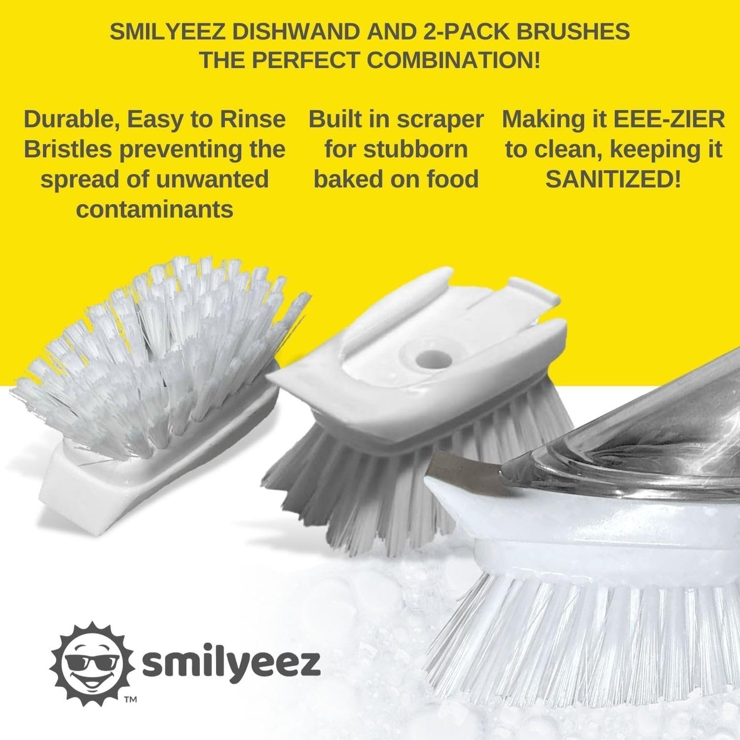 Soap Dispensing Dishwand by Smilyeez® (Grey) with Ergonomic Handle and 2 Interchangeable Brushes - Effortless Cleaning and Long-Lasting Durability - Kitchen and Dishwashing Essential
