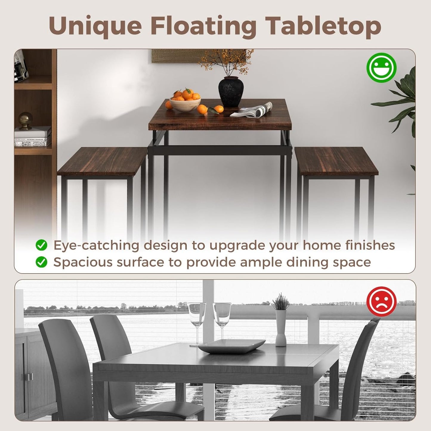 Giantex Small Dining Table Set for 2 - Counter Height Table Set with 2 Stools, Floating Tabletop, Footrest, Metal Frame, Breakfast Nook Table Set for Apartment, Kitchen Table Chairs Set of 2, Brown