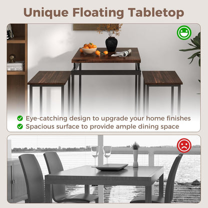 Giantex Counter Height Table with 2 Stools, Pub Dining Table Set with Floating Tabletop & Footrest, Breakfast Table Set for Small Space, Industrial Bistro Set for Apartment Kitchen, Rustic Brown