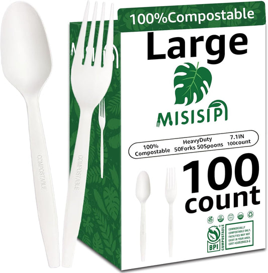 MISISIPI [7.1In 100Pcs] 100% Compostable Forks and Spoons Biodegradable Forks and Spoons HeavyDuty No Plastic Forks and Spoons Eco-Friendly Heavyweight Disposable Forks and Spoons Flatware Set