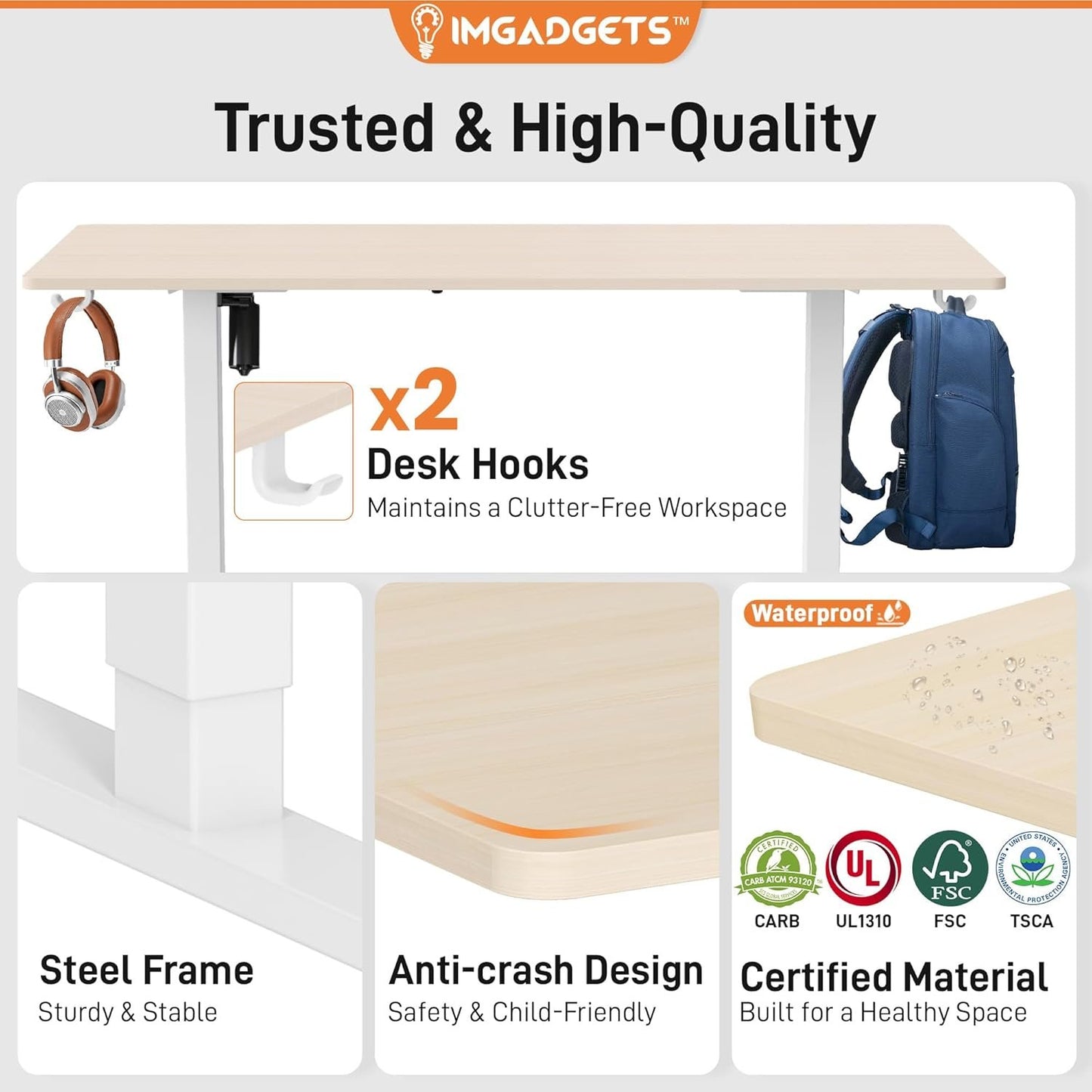 IMGadgets 47 x 24 Inches Height Adjustable Electric Standing Desk 2024, 5th Gen Quieter Motor Ergonomic Sit Stand Up Home Office Computer Desk with Height Memory Buttons, Display, 2 Headphone Holders