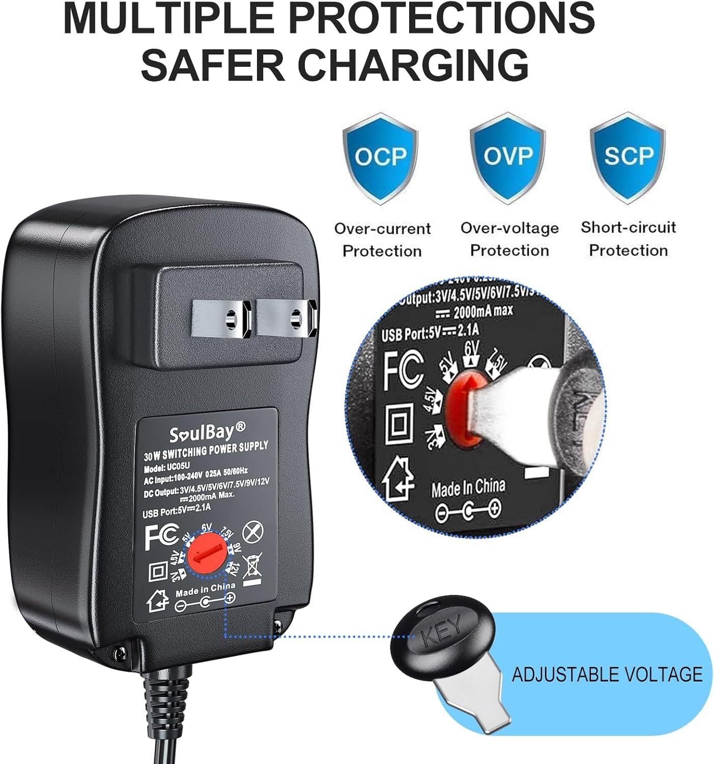 SoulBay 12V Power Supply Universal AC DC Adapter Charger with Adjustable Output 5V 9V 3V 6V 4.5V 7.5V 12 Volt 1A 1.5A 2A for LED Strip Light CCTV Camera BT Speaker GPS Webcam Router, 5 FT Cord, 30W