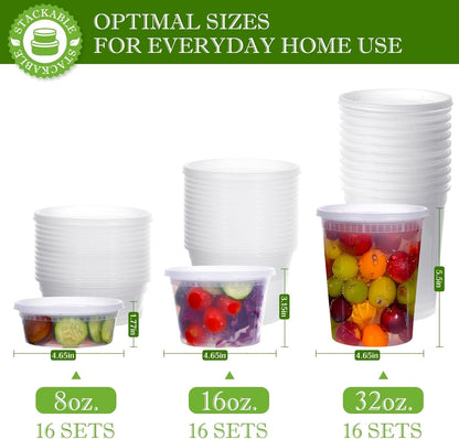 RANLITTLE Deli Containers with Lids 48 Sets - Soup Containers with Lids 8oz, 16oz, 32oz - Clear Plastic Food Containers with Lids, Leakproof, BPA Free, Reusable Take Out Containers for Restaurant