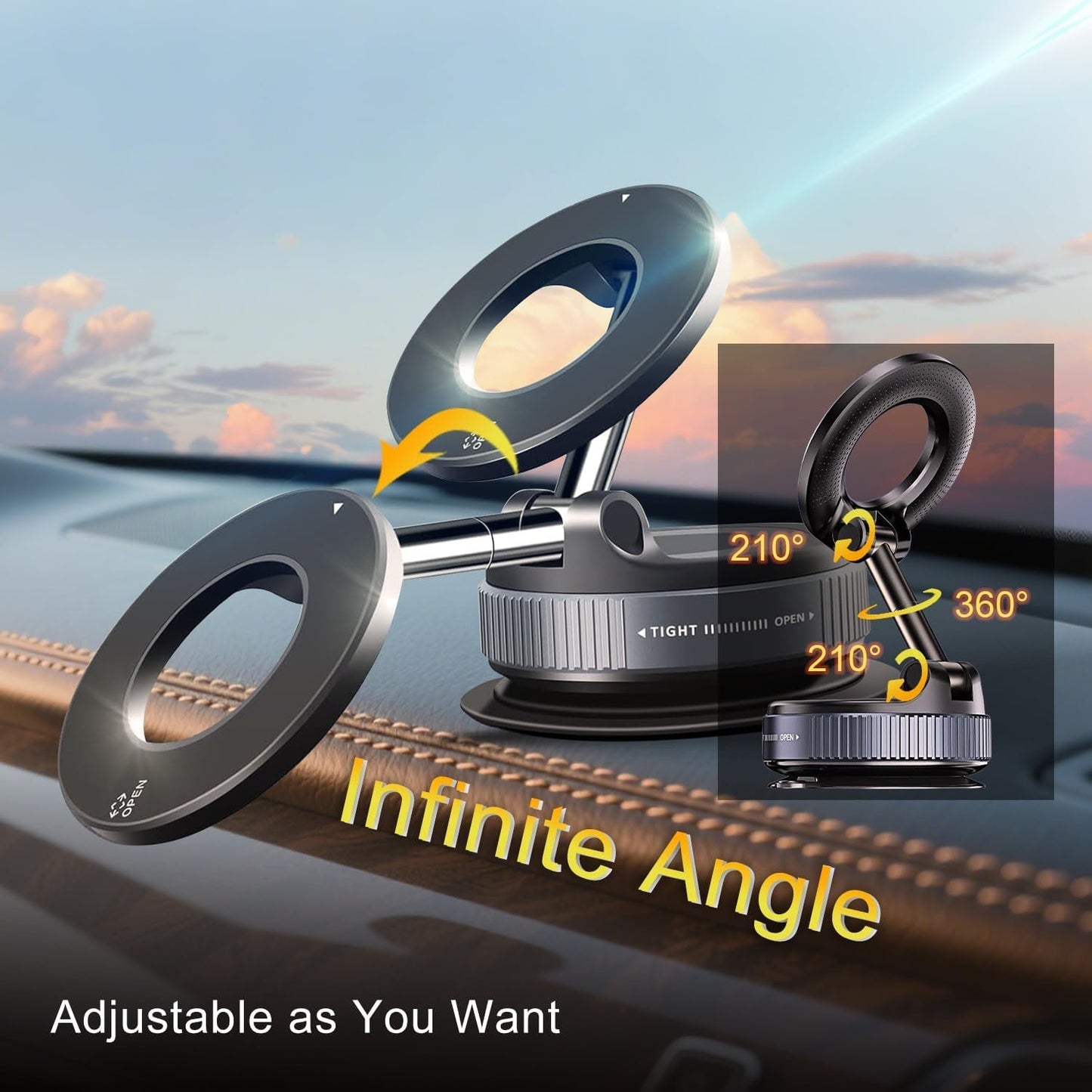 Jkoailiwi 360° Adjustable Vacuum Magnetic Suction Car Phone Holder, Swivel Locking Vacuum Phone Mount, Suction Cup Magnetic Cell Phone Holder Compatible with iPhone 16 Pro Max, Black