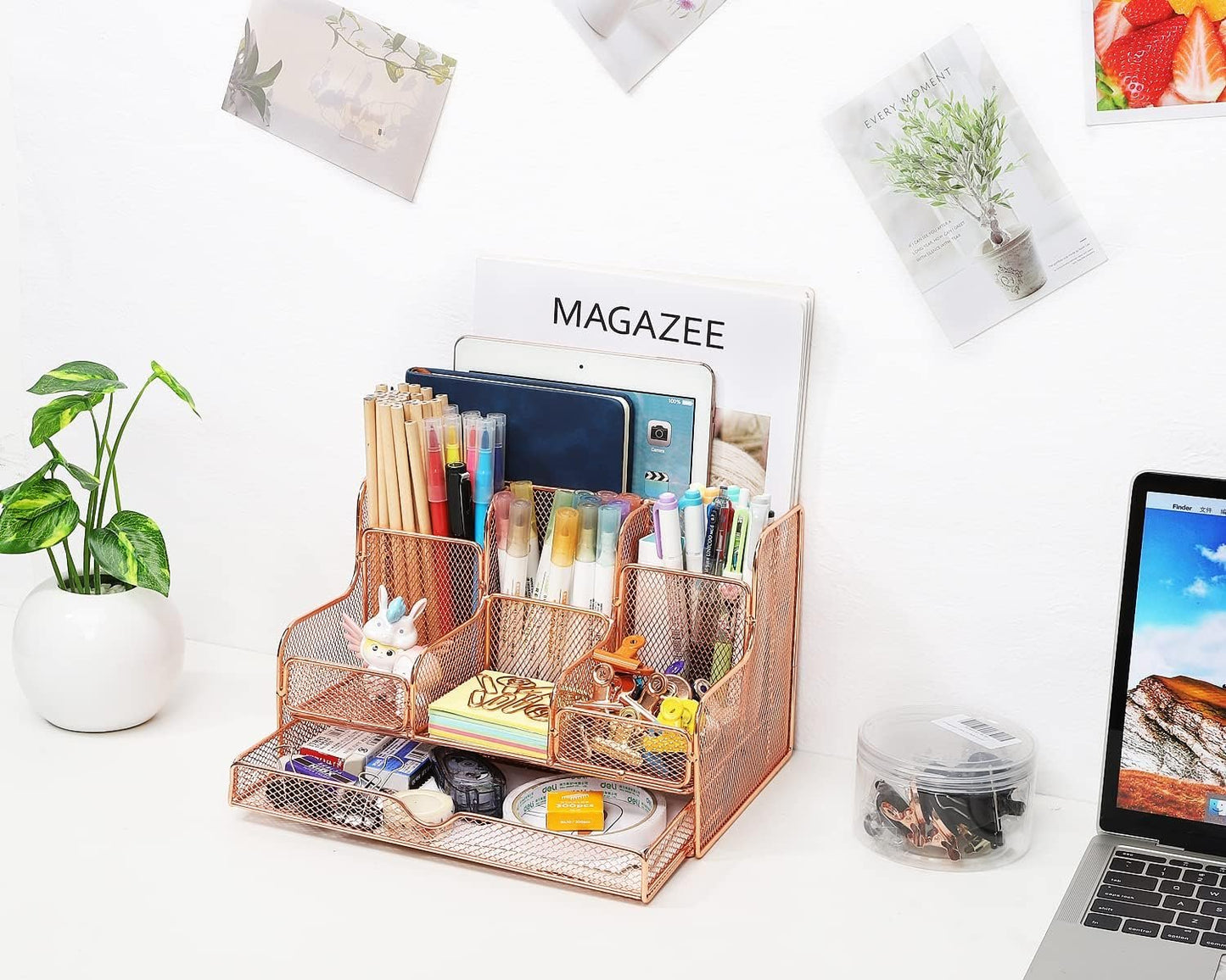 MoKo Desk Organizer,Office Organizers for Desk with 7 Compartments,Desk Organizer with Drawers for Notebook, Pens, Pencils Stationary Accessories School Supplies, Rose Gold