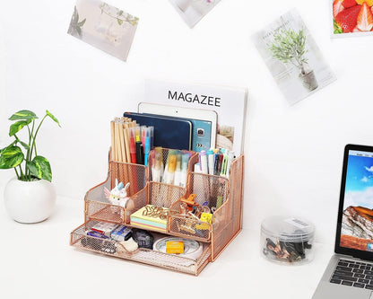 MoKo Desk Organizer,Office Organizers for Desk with 7 Compartments,Desk Organizer with Drawers for Notebook, Pens, Pencils Stationary Accessories School Supplies, Rose Gold