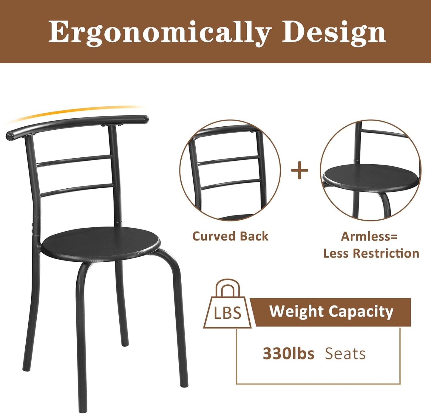 VECELO 3-Piece Dining Table Set for Kitchen Breakfast Nook, Wood Grain Oval Tabletop and Metal Frame with Built-in Wine Rack, for Small Spaces, Black