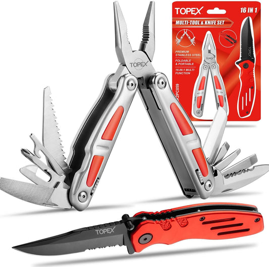 TOPEX 16-in-1 Multitool Pliers & Knife Set Professional Stainless Steel Multi-Function Tool with Safety Locking Folding Knife Pocket Knife for Camping Hiking Survival Fishing