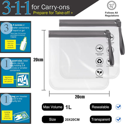 Clear Travel Toiletry Bag - Airport Security Liquids Bags, Airport Liquid Bag 20 x 20cm TSA Approved, Travel Accessories Makeup Bags Holiday Essentials Luggage for Men Women, 2pcs Black/Grey, 20*20CM,