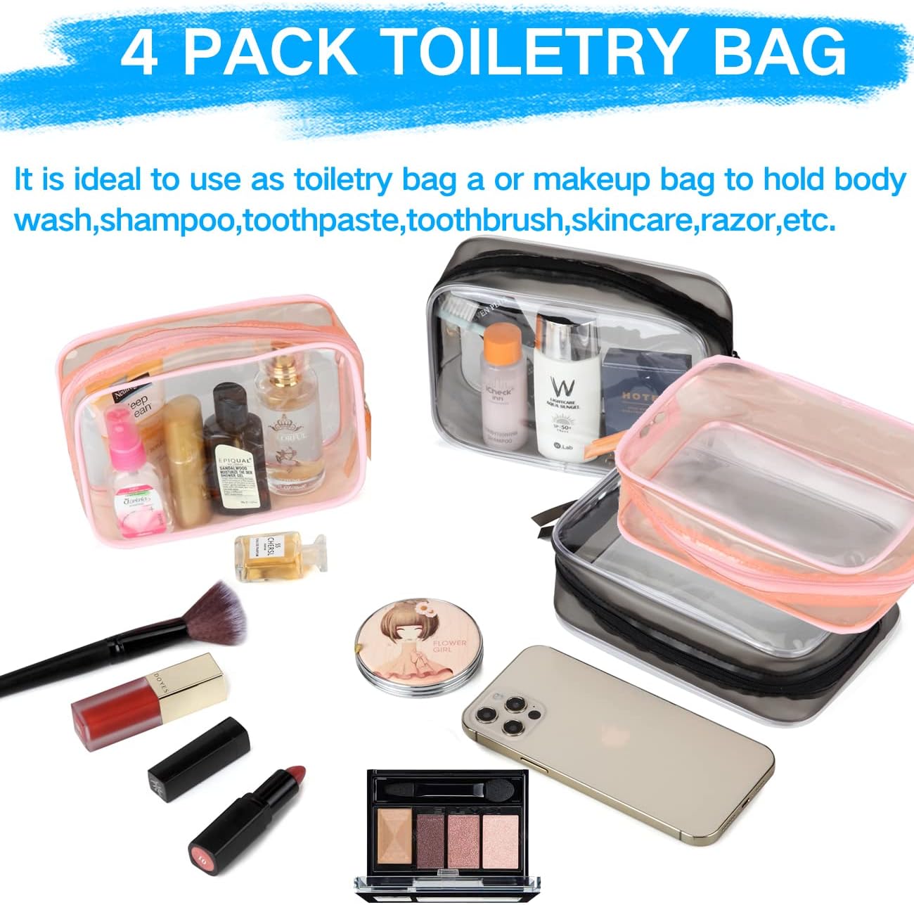 TSA Toiletry Bag, VASCHY 4 Pack Clear Makeup Bag Water Resistant Cosmetic Bag, Airline Carry on Travel Bag for Men and Women, Transparent Wash Bag, Black-Pink