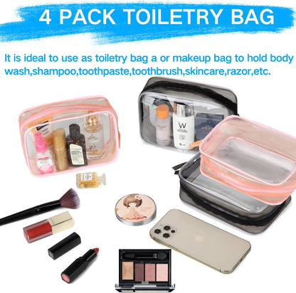 TSA Toiletry Bag, VASCHY 4 Pack Clear Makeup Bag Water Resistant Cosmetic Bag, Airline Carry on Travel Bag for Men and Women, Transparent Wash Bag, Black-Pink