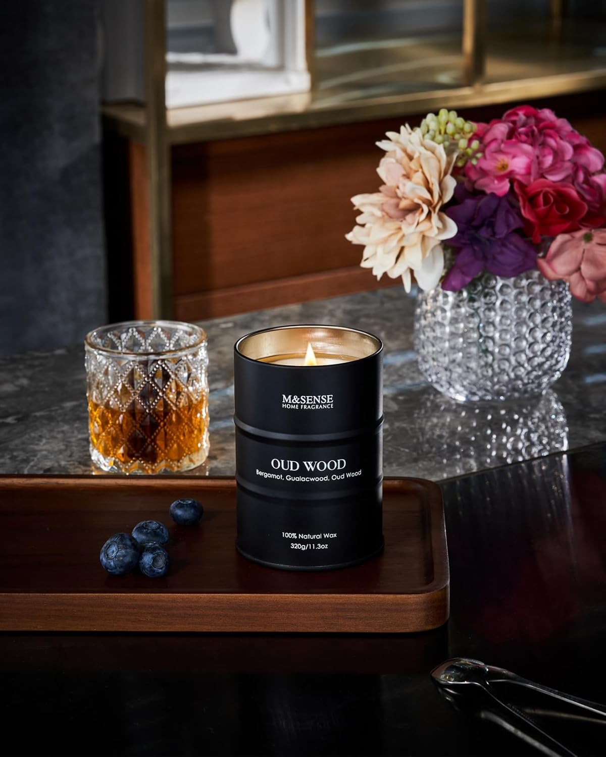 M&SENSE Oud Wood Scented Candles Natural Soy Wax, 11.3oz Tin Candle for Cozy Home Decor, Long Lasting Up to 70 Hours Burning Time, Unique Candle s for Men Women