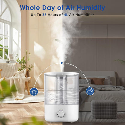 Air Humidifier for Whole House Room, 4L Ultrasonic Cool Mist Humidifier for Large Room, Adjustable 360° Knob, Auto Shut-Off, Aroma Diffuser, Essential Oil Function, Lower Noise, Humidify for Any Room.