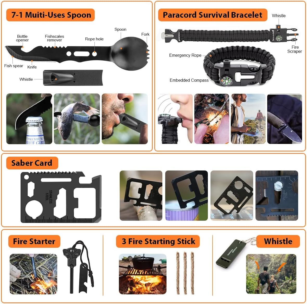 Survival Kit 250pcs, Emergency Survival Gear Kit Survival Tool Emergency Blanket Multi-Tool Axe Shovel First Aid Kit for Wilderness Camping Hiking First Aid for Earthquake, Gifts for Men Women