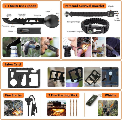 Survival Kit 250pcs, Emergency Survival Gear Kit Survival Tool Emergency Blanket Multi-Tool Axe Shovel First Aid Kit for Wilderness Camping Hiking First Aid for Earthquake, Gifts for Men Women