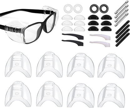 4 Pairs Safety Glasses Side Shields with 14 Pairs Anti-Slip Accessories, Clear and Lightweight Glasses Side Protecte, Portable Eye Protection Side Shields for Small to Medium Eyeglasses