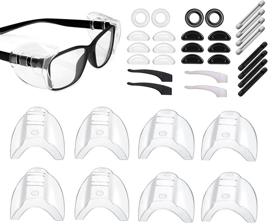 4 Pairs Safety Glasses Side Shields with 14 Pairs Anti-Slip Accessories, Clear and Lightweight Glasses Side Protecte, Portable Eye Protection Side Shields for Small to Medium Eyeglasses