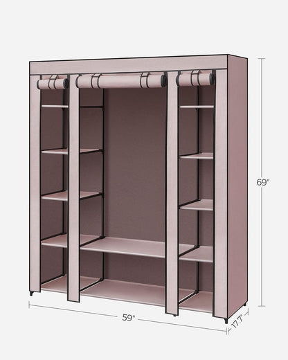 SONGMICS Closet Wardrobe, Portable Closet for Bedroom, Clothes Rail with Non-Woven Fabric Cover, Clothes Storage Organizer, 59 x 17.7 x 69 Inches, 12 Compartments, Dusty Pink ULSF003P02