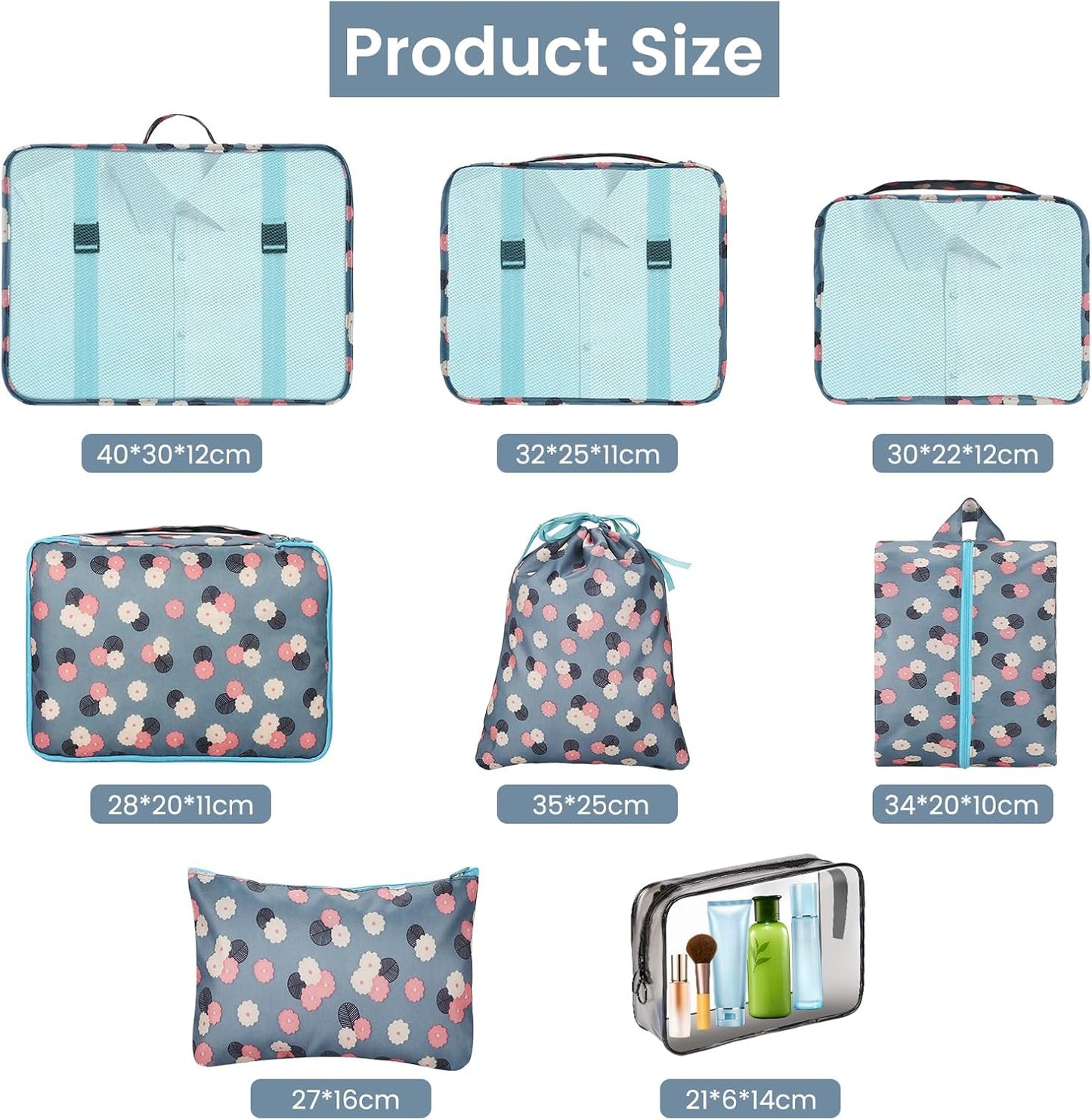 Sarsumir Travel Suitcase Organizer, 8 Pieces Packing Cubes Organizer Suitcase Travel Organizer with Waterproof Bags Toiletry Clothes Shoes, Blue Flower