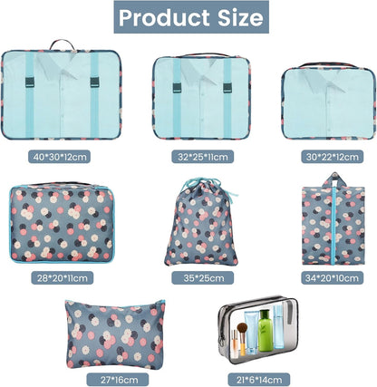 Sarsumir Travel Suitcase Organizer, 8 Pieces Packing Cubes Organizer Suitcase Travel Organizer with Waterproof Bags Toiletry Clothes Shoes, Blue Flower