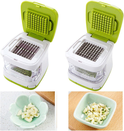 Coralpearl Garlic Ginger Press Cutter Mincer Chopper Crusher Slicer Grater Grinder Dicer Machine Food Aid in Plastic Stainless Steel with Silicone Peeler Kitchen Gadget Green Tool Set (Cube)