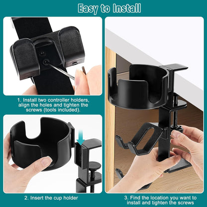 welltop 4 in 1 Controller Holder with Desk Cup Holder & Headphone Hanger, Rotatable Under Desk Clamp Controller Holder Dual Gamepad Headset Stand Gaming Desk Accessories for Xbox, PS4, PS5, PC, Switch
