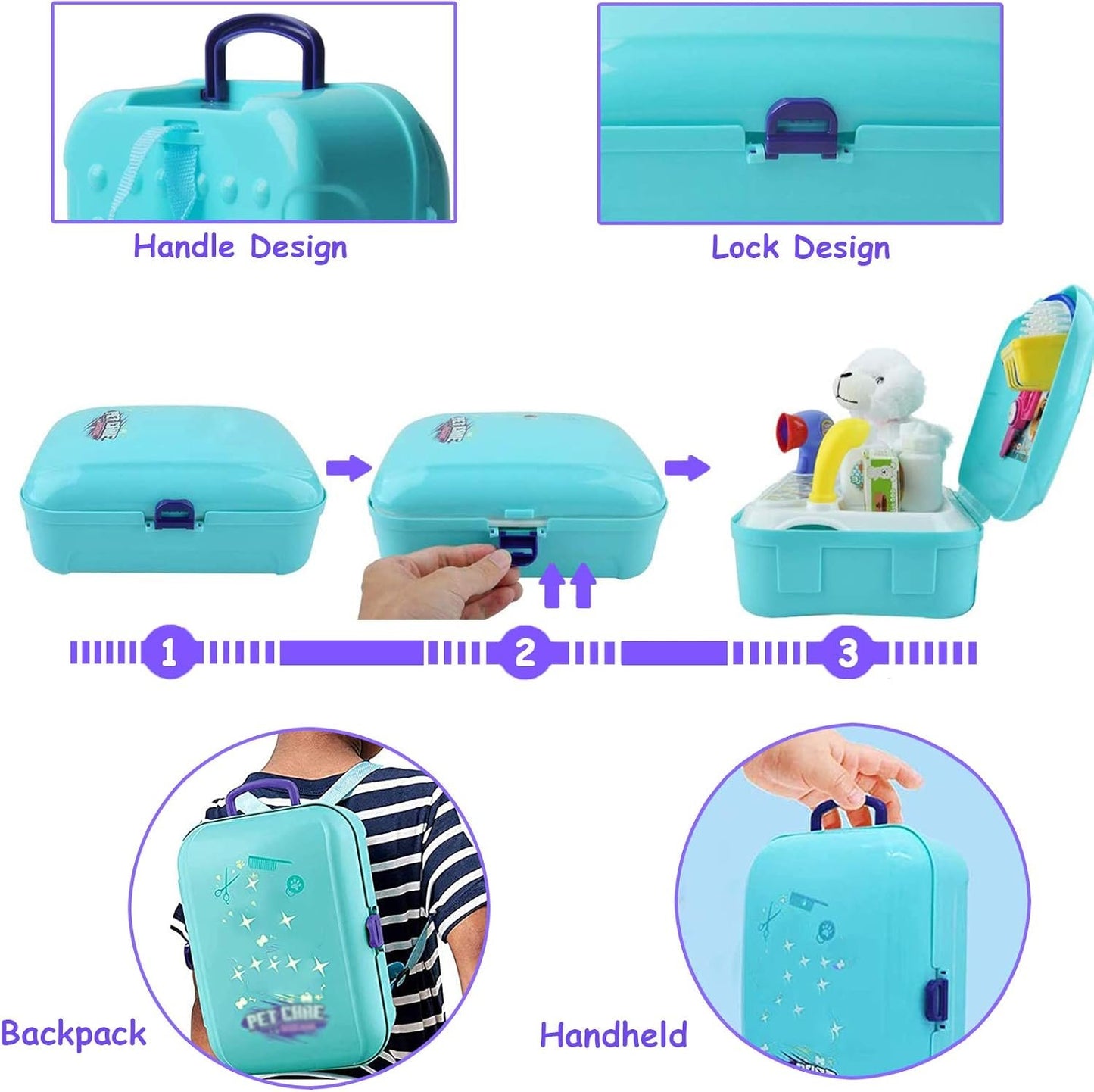TEUVO Pet Care Play Set Pretend Play Vet Kit for Kids, 16Pcs Doctor Pretend Play Vet Dog Grooming Toys Puppy Dog Carrier Feeding Dog Educational Backpack Gifts for Girls Boys 3-7 Years Old