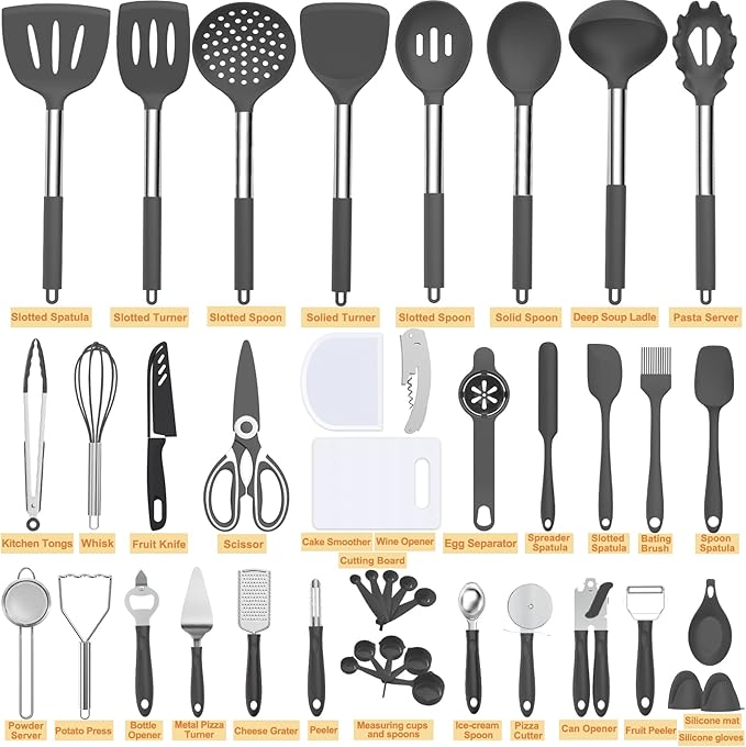 Silicone Cooking Utensil Set, Umite Chef 43 PCS Heat Resistant Kitchen Utensil Gadgets Set-Stainless Steel Handle- Kitchen Spatula Tools for Nonstick Cookware, Pots and Pans Accessories(Grey)