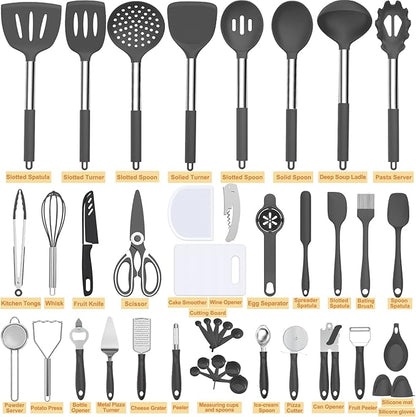 Silicone Cooking Utensil Set, Umite Chef 43 PCS Heat Resistant Kitchen Utensil Gadgets Set-Stainless Steel Handle- Kitchen Spatula Tools for Nonstick Cookware, Pots and Pans Accessories(Grey)