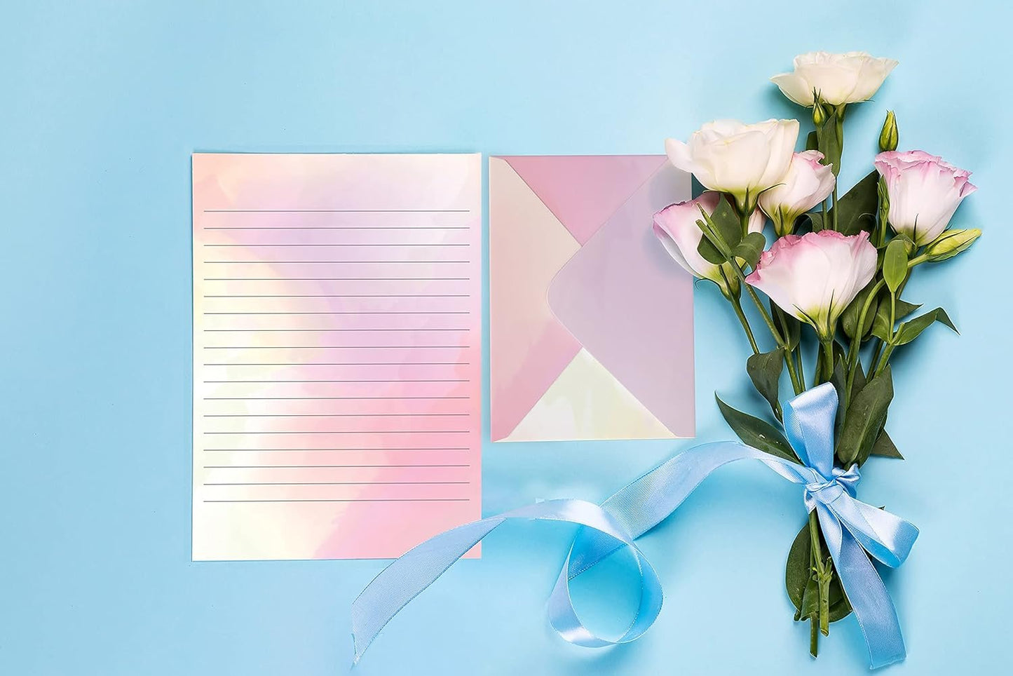 Better Office Products Mini Stationery Set, 100 Piece Set (50 Lined Watercolor Sheets + 50 Matching Envelopes), 5.5 x 8.25 inch, 12 Unique Designs, Double Sided Printing, One Side Lined Paper, by