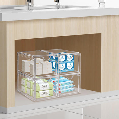 AMEITECH Stackable Cosmetic Organizer Drawers, Acrylic Clear Makeup Organizer, Vanity Container Drawer for Cosmetics, Skin Care, Hair Accessories, Bathroom Counter or Dresser - Set of 2
