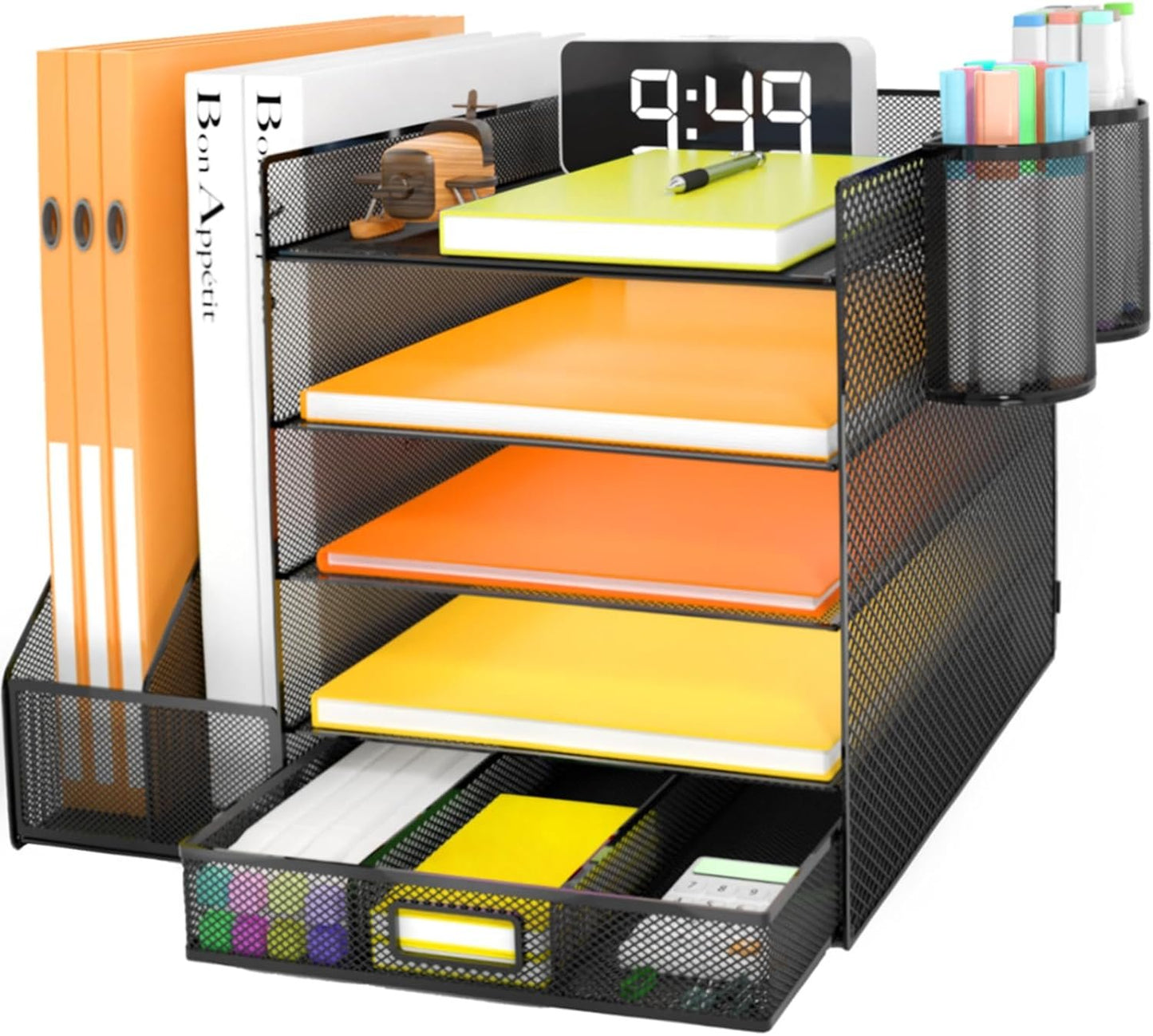 Desk Organizer with File Holder, 5-Tier Letter Paper Tray Organizer with Drawer & 2 Pen Holders, Desk Organizers and Accessories, Mesh Desktop File Organizer and Storage for Office Supplies