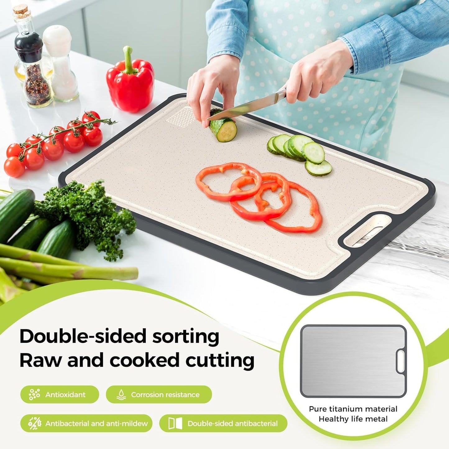 Cutting Board Double Sided, Titanium Cutting Boards for Kitchen, Double Sided Food Grade, Pure Titanium and Wheat Straw PP, Easy to Clean Large Size 16”×11”