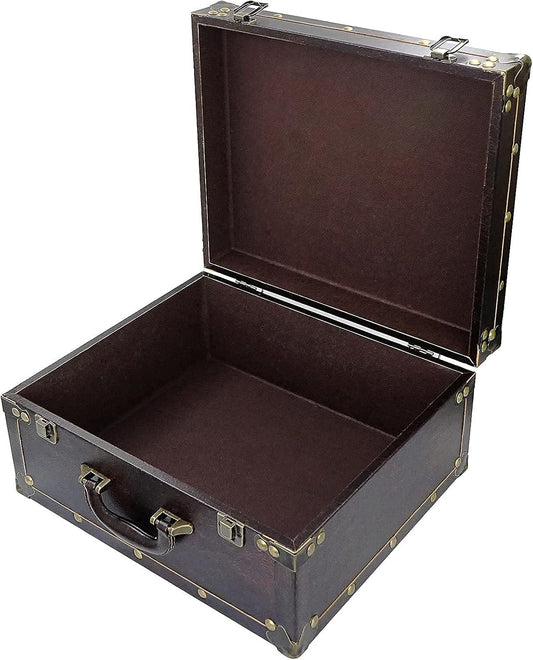 DreamsEden Large Decorative Storage Trunk - Wooden Vintage Suitcase Treasure Chest Box, 13.8" x 11.8" x 6.9"