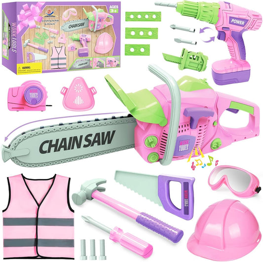 WishaLife Kids Tool Set - Pink Tool Set for Girls with Toy Chainsaw, Toy Drill, Construction Vest, Toddler Tool Set, Pretend Play Toy Tools Gift for Kids Ages 3 4 5 6 7 8 Years Old, OYG606-7