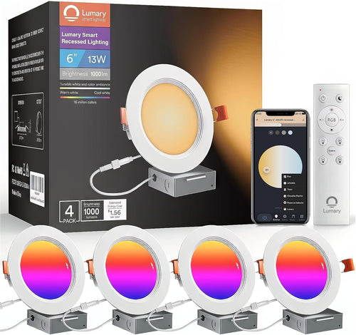 Lumary 6 Inch Smart WiFi Recessed Lighting, RGBWW Canless LED Wafer Downlight, 13W 1000Lm Color Changing, Ultra-Thin w/Anti-Glare Baffle, Compatible with Alexa/Google/Remote-Included, 4PCS