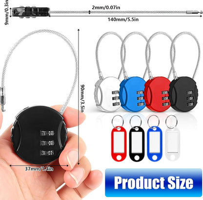 Wire Rope Lock, Mini Code Lock, Wire Rope Padlock for Luggage, Jewelry Box, Backpack, Gym Locker (90 * 37 * 9mm 4 Color, Pack, 2)