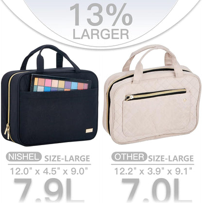 NISHEL Travel Toiletry Bag for Women, Portable Hanging Organizer for Full-Sized Shampoo, Conditioner, Brushes Set, Travel-Size Accessories
