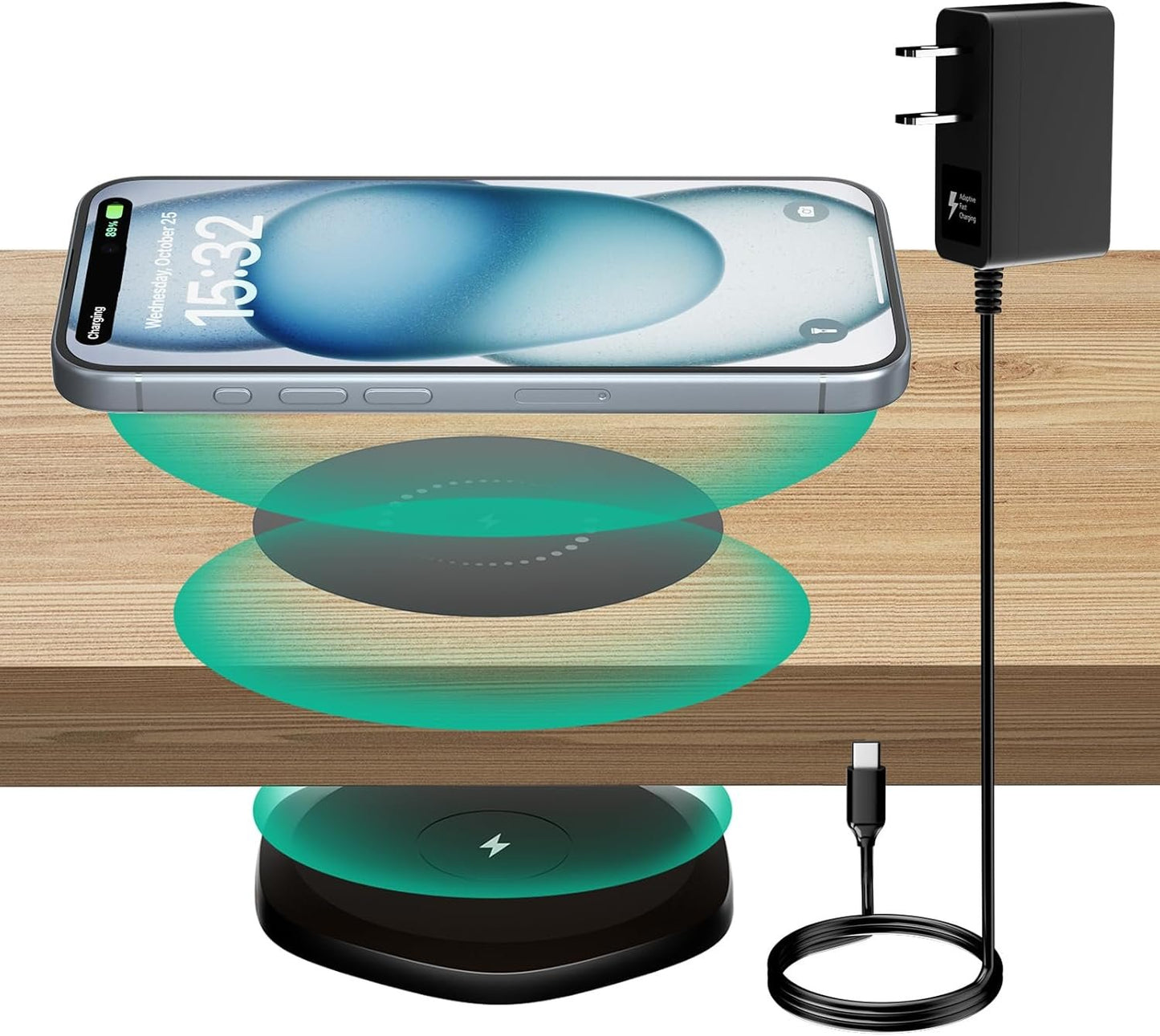 KPON Invisible Wireless Charger, Furniture Under Table 30mm Desk Wireless Charging Station for iPhone 15/15 Plus/15 Pro/15 Pro Max/14/13/12/11/X/8 and All Wireless Phones/Earbuds (with QC Adapter)