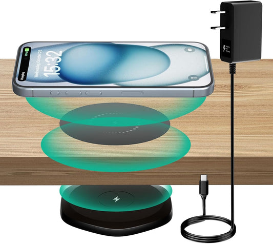 KPON Invisible Wireless Charger, Furniture Under Table 30mm Desk Wireless Charging Station for iPhone 15/15 Plus/15 Pro/15 Pro Max/14/13/12/11/X/8 and All Wireless Phones/Earbuds (with QC Adapter)