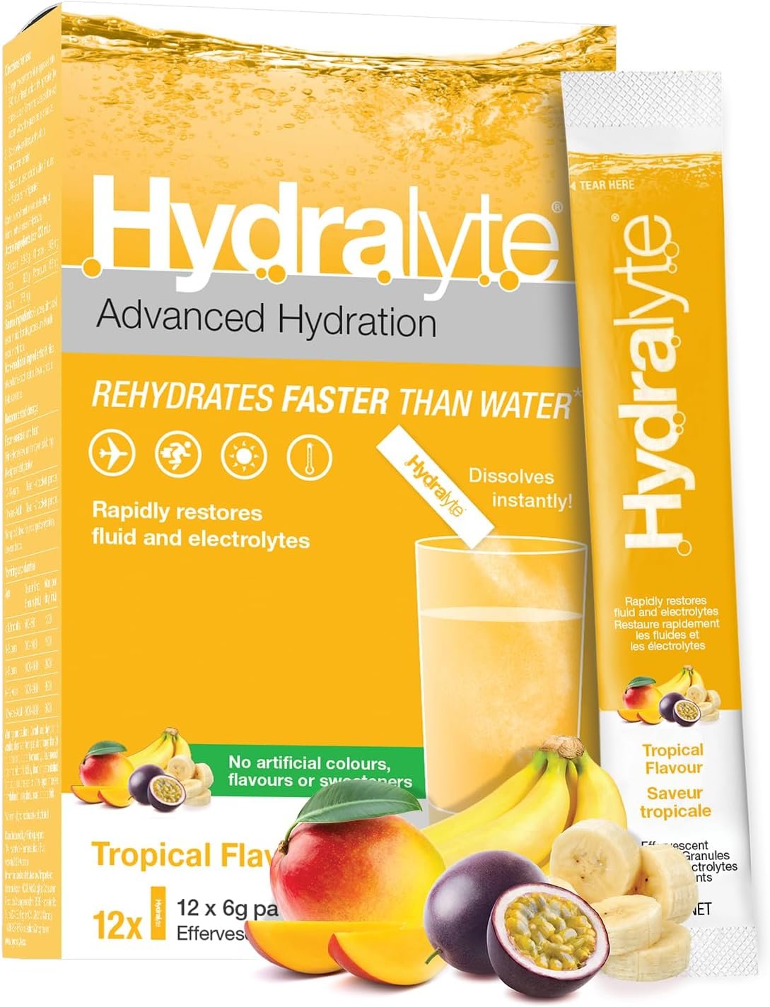 HydraLyte Electrolyte Powder, Low Sugar Electrolyte Sticks Designed for Rapid Hydration, Safe Hydration for All Ages - Made with All Natural Ingredients, 12 Servings, Tropical Flavour