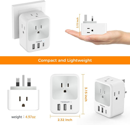 UK Plug Adapter, TESSAN Canada to UK Power Adapter with 4 Outlets 3 USB (1 USB C Port), Type G Travel Plug for England British Ireland Scotland Dubai, 2 Pack