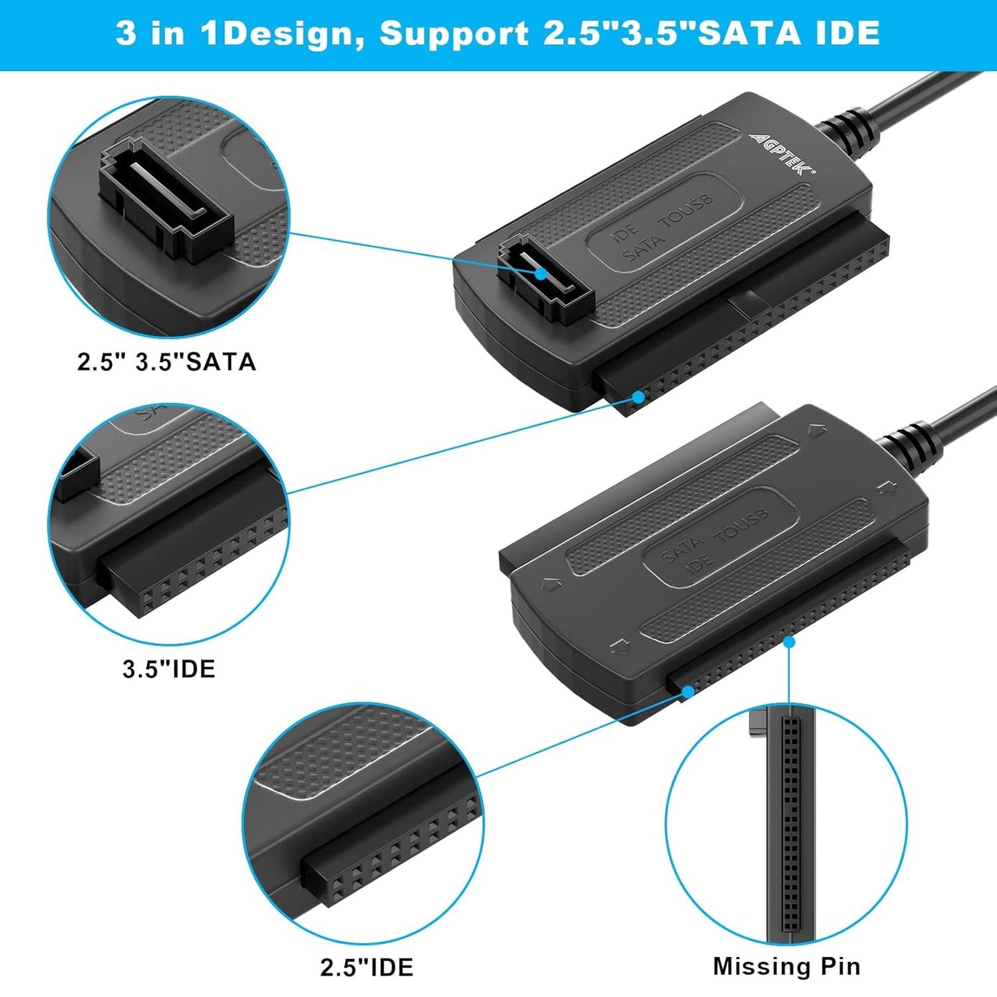 AGPtek SATA/PATA/IDE Drive to USB 2.0 Adapter Converter Cable for Hard Drive Disk HDD 2.5" 3.5", Compatible with USB 1.1/2.0/3.0, with External AC Power Adapter Included