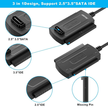 AGPtek SATA/PATA/IDE Drive to USB 2.0 Adapter Converter Cable for Hard Drive Disk HDD 2.5" 3.5", Compatible with USB 1.1/2.0/3.0, with External AC Power Adapter Included