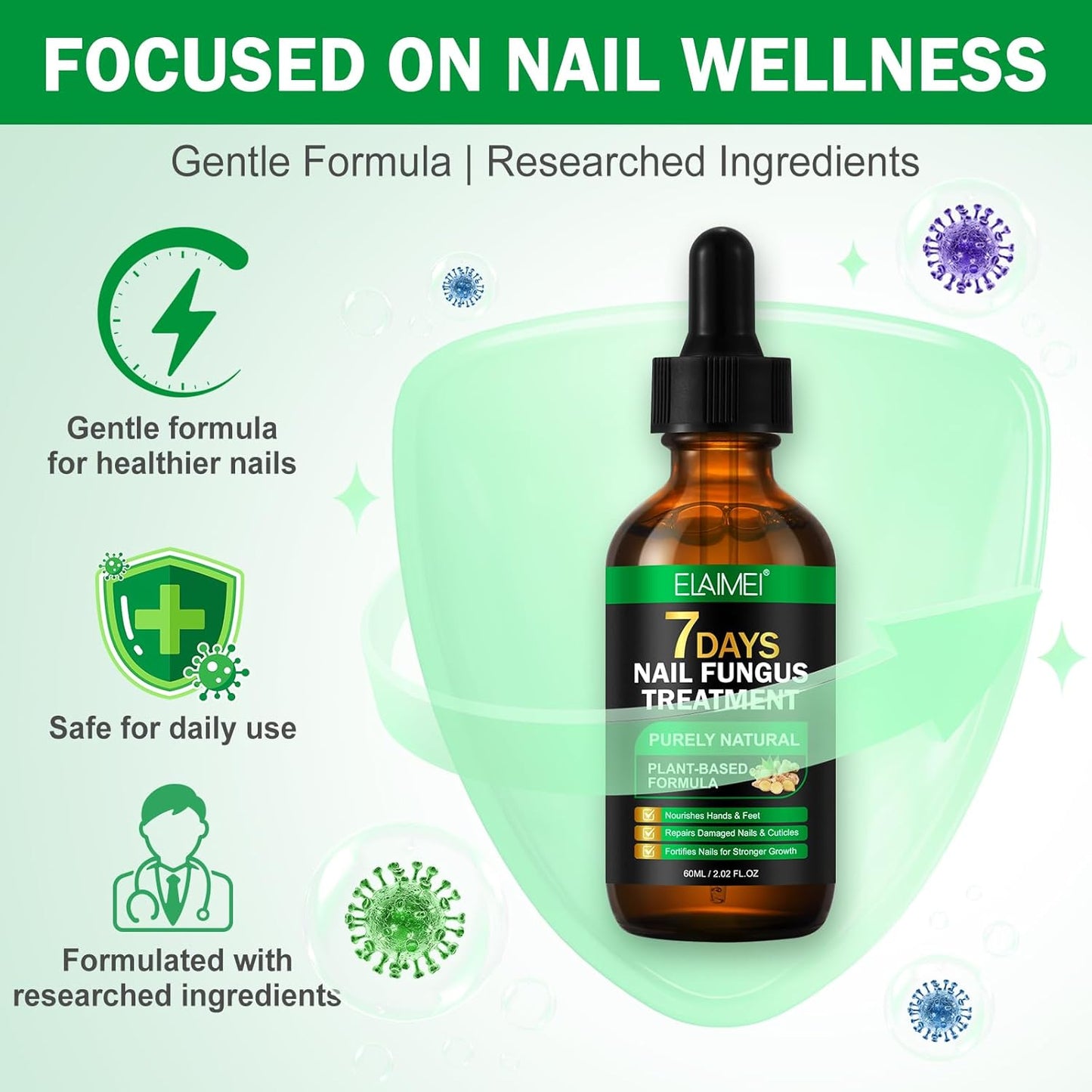 7 Day Nail Fungus Treatment | Natural Plant-Based Nail Repair Oil with Ginger Extract | Strengthens & Nourishes Nails & Cuticles | Repairs Discolouration & Brittleness | Suitable for Hands & Feet | 60mL