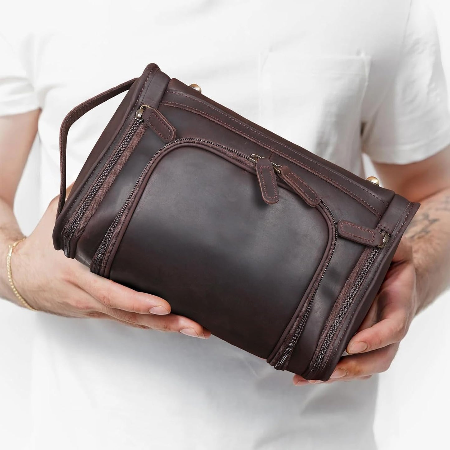 Polare Full Grain Leather Toiletry Bag Travel Dopp Kit Makeup Cosmetic Organizer Shaving Kit Wash Case with Hanging