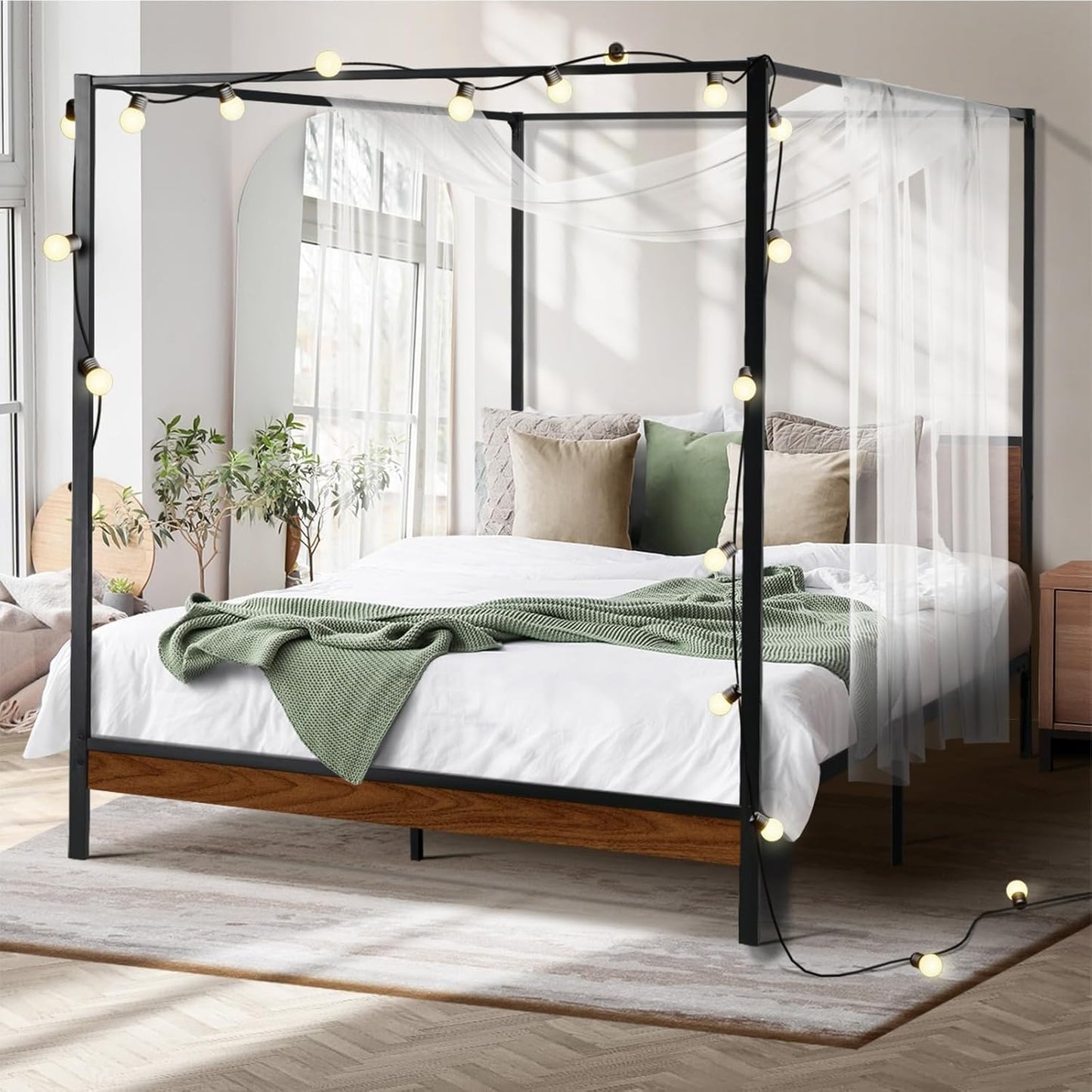 Oikiture Bed Frame Queen with Canopy Metal Bed Storage Base Black